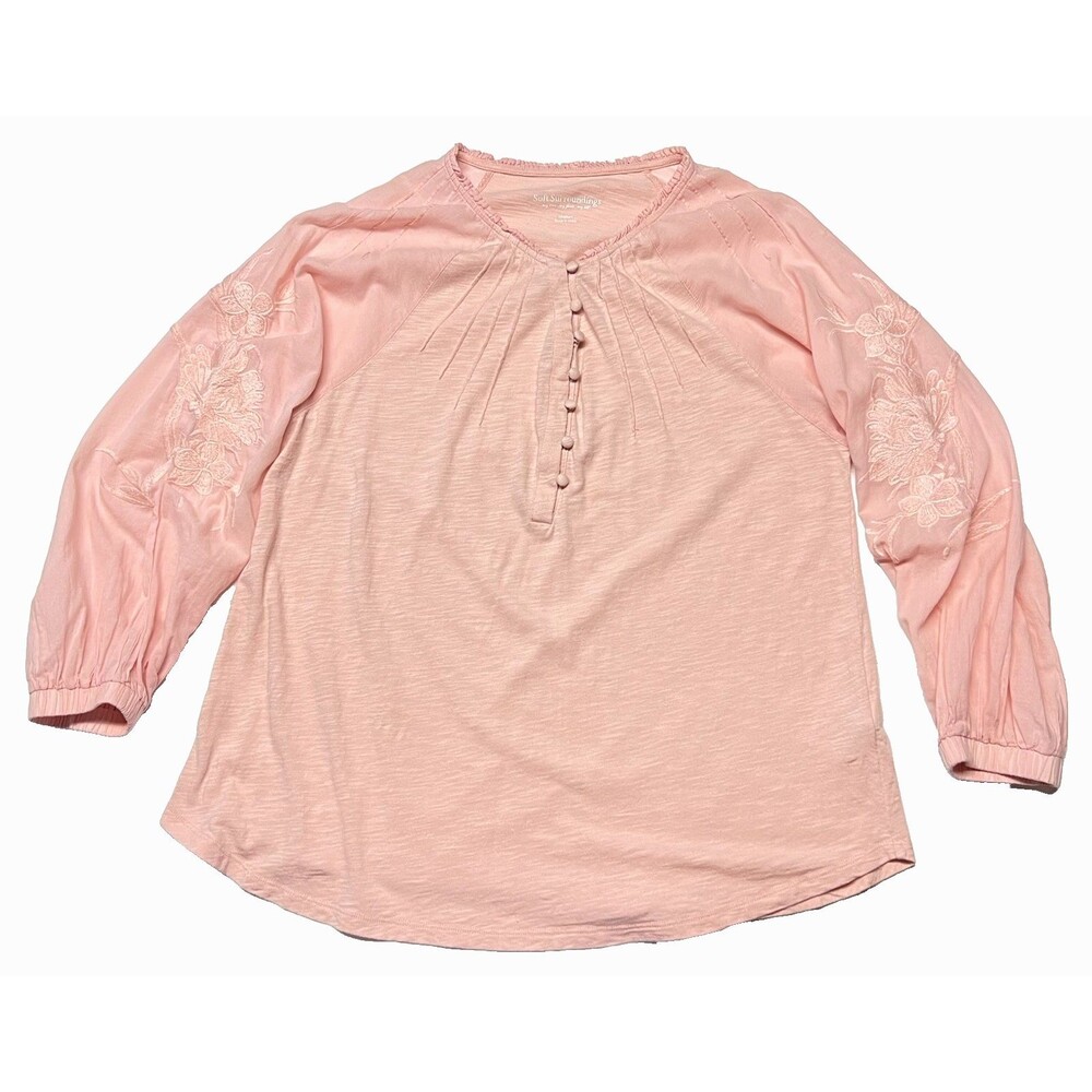 Soft Surroundings Henley Embroidered Sleeve Lightweight Top Medium Peach Pink